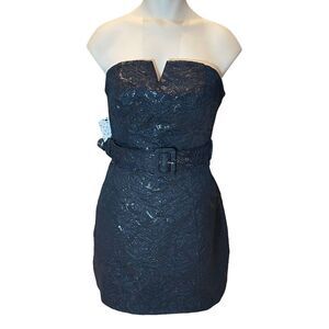 Free People Mini Dress Black Metallic Shine Textured Floral Belted‎ Size 4 S NWT